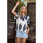 Split Neck Short Sleeve Print Top