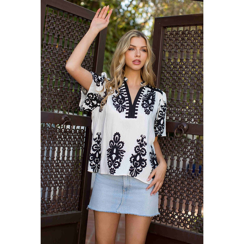Split Neck Short Sleeve Print Top