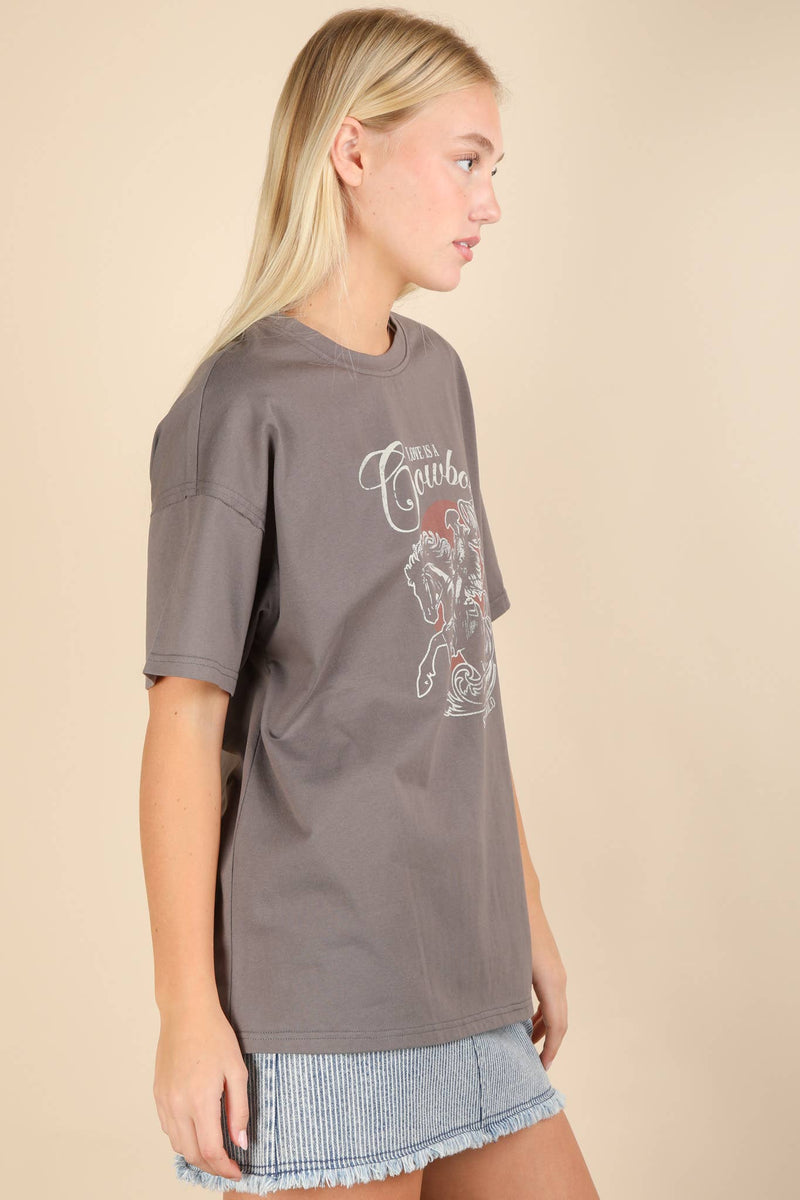 Oversized Cowboy Graphic Screen Print Knit Top