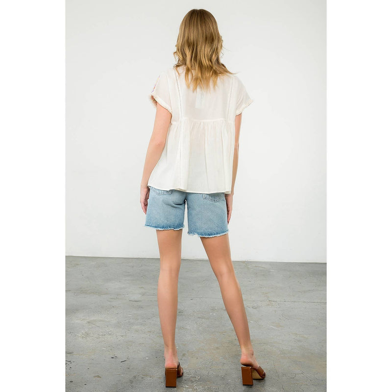Tassel Tie Embroidered Babydoll Top