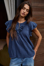 Woven Cotton Linen Button V-Neck Short SleeveTop
