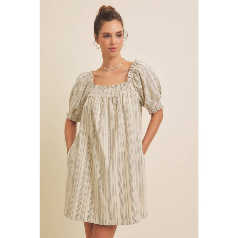 COTTON LINEN STRIPE MINI DRESS WITH SMOCKED SLEEVES