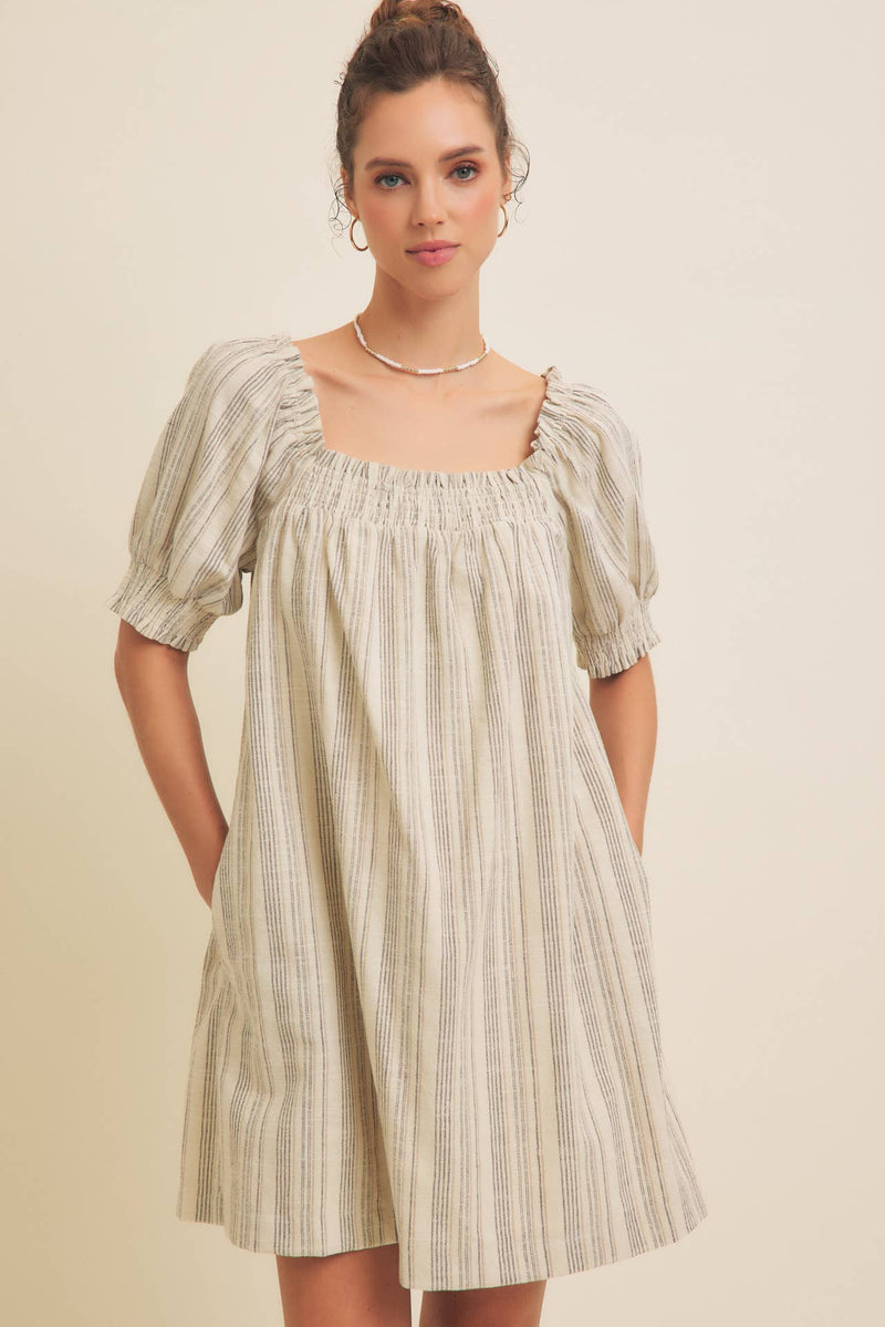COTTON LINEN STRIPE MINI DRESS WITH SMOCKED SLEEVES