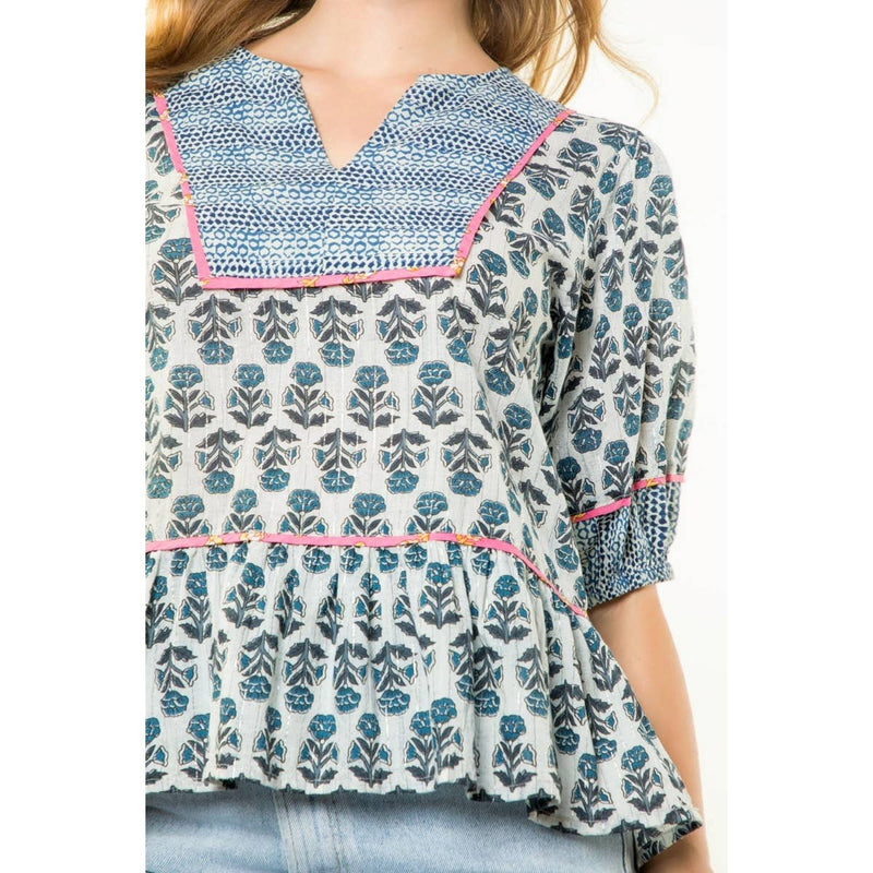 Contrast Trim Puff Sleeve Floral Top