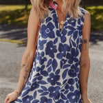 Blue Floral Sleeveless Colorblock Notched V Neck Mini Dress