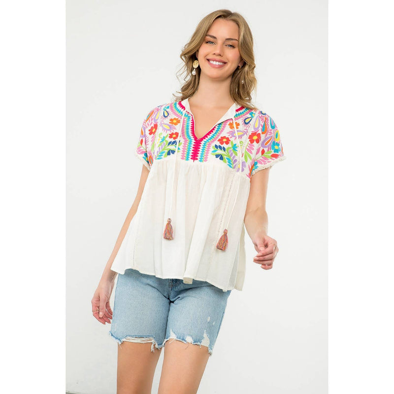 Tassel Tie Embroidered Babydoll Top
