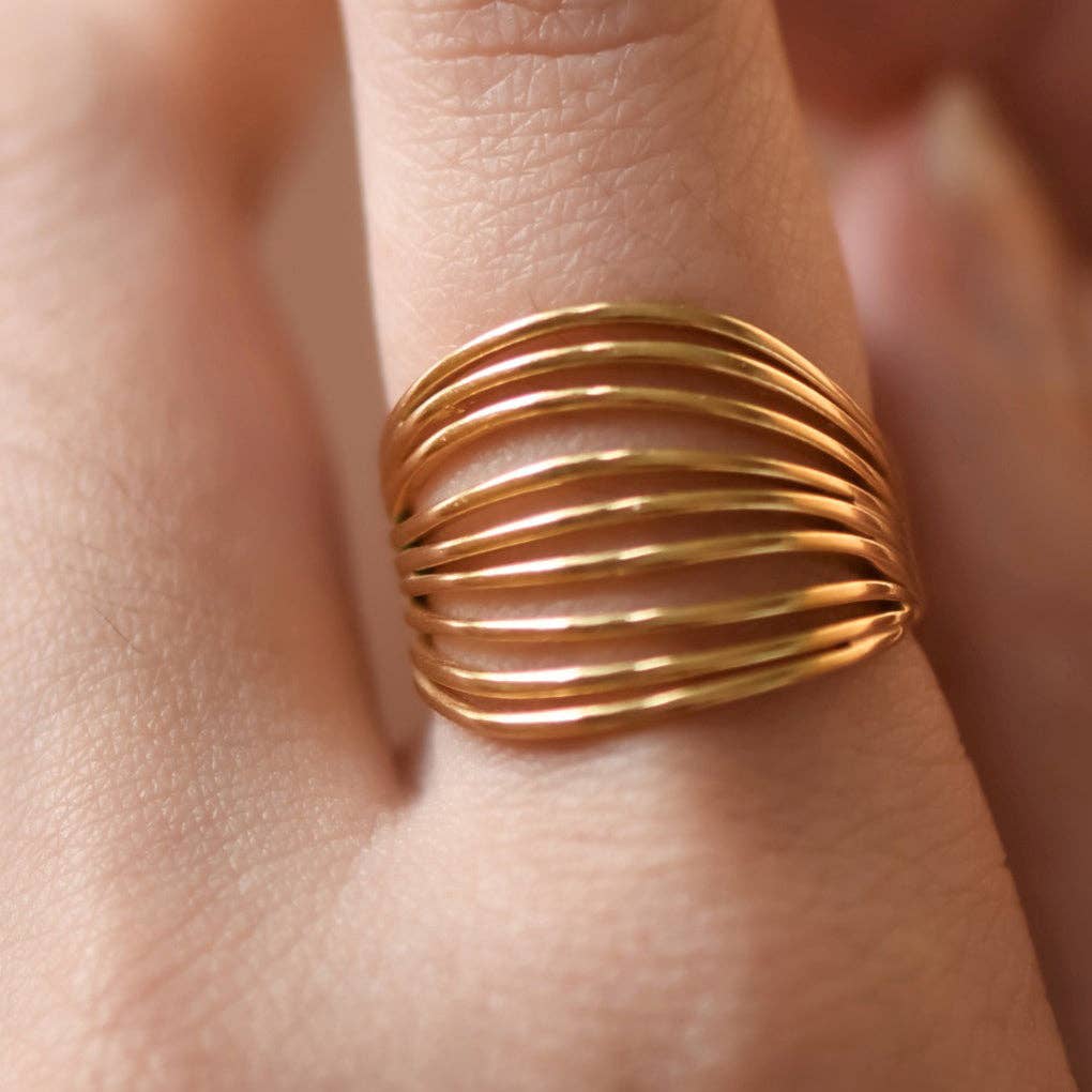 Gold ring with a ribbed design on a person's finger
