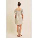 COTTON LINEN STRIPE MINI DRESS WITH SMOCKED SLEEVES