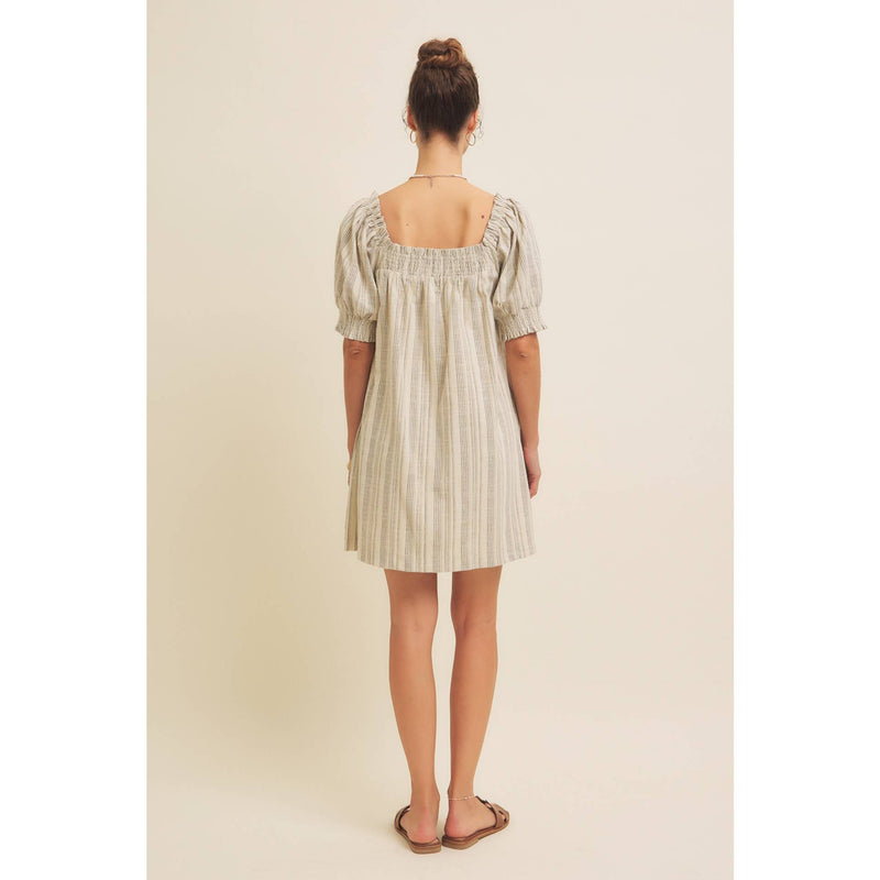 COTTON LINEN STRIPE MINI DRESS WITH SMOCKED SLEEVES