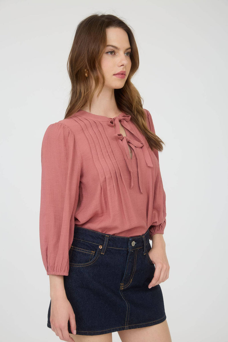 Front Tie Pleated Front 3/4 Sleeve Top
