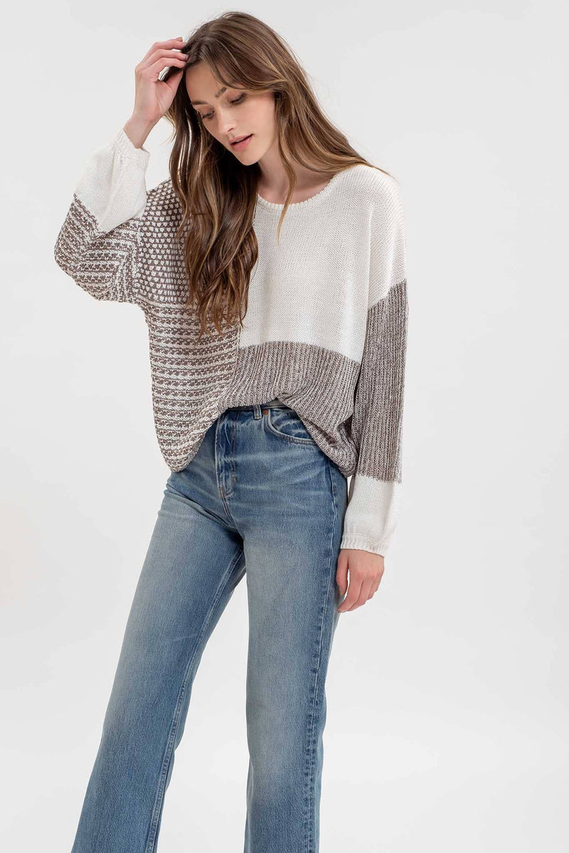 BACK TIE GREY COLORBLOCK KNIT SWEATER