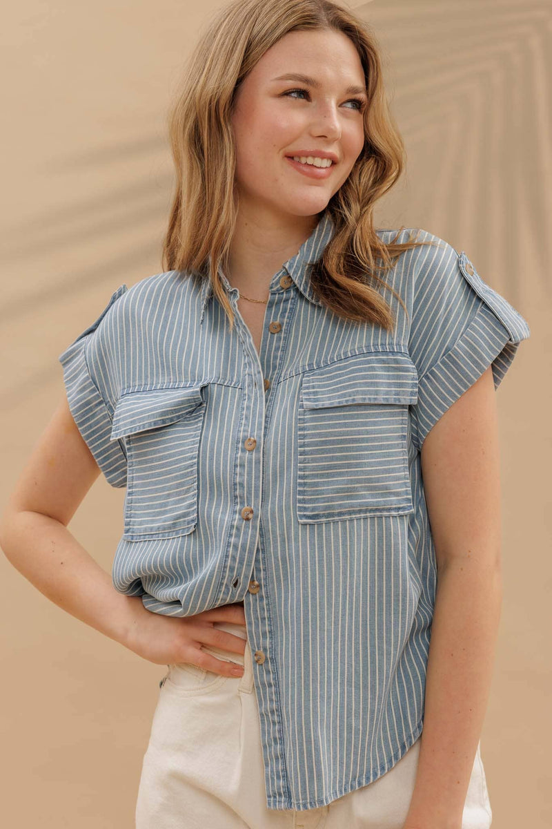 Stripe Button Down Tab Sleeve Chambray Shirt