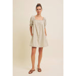 COTTON LINEN STRIPE MINI DRESS WITH SMOCKED SLEEVES
