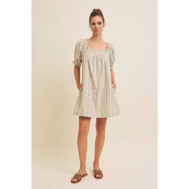 COTTON LINEN STRIPE MINI DRESS WITH SMOCKED SLEEVES