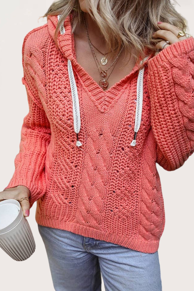 Cable Knit V Neck Hooded Pullover Sweater