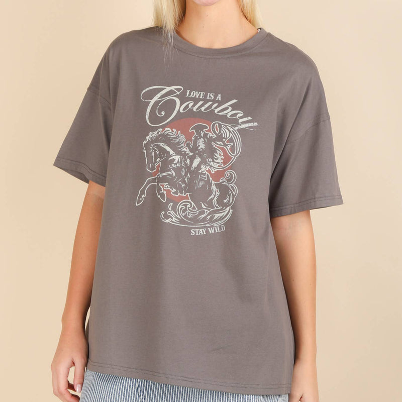 Oversized Cowboy Graphic Screen Print Knit Top