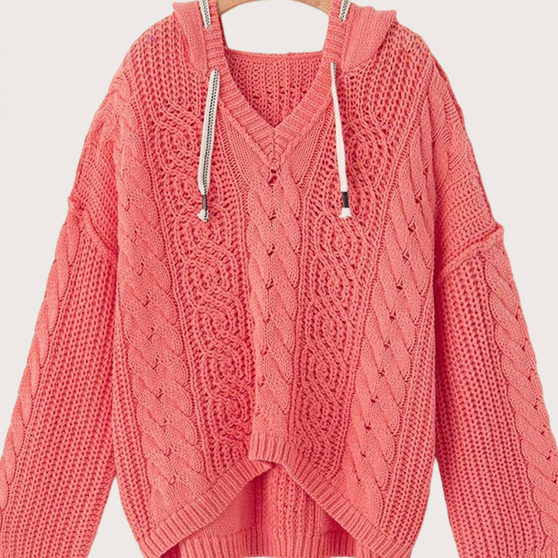 Cable Knit V Neck Hooded Pullover Sweater
