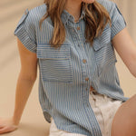 Stripe Button Down Tab Sleeve Chambray Shirt