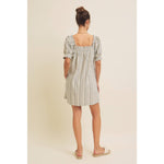COTTON LINEN STRIPE MINI DRESS WITH SMOCKED SLEEVES