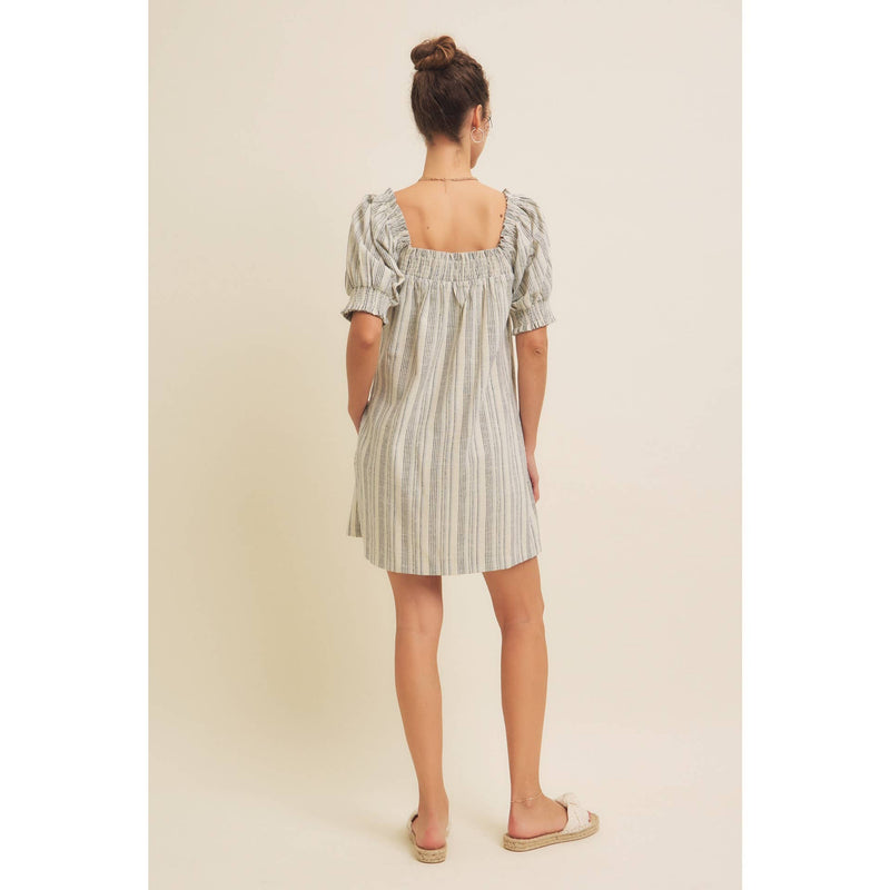 COTTON LINEN STRIPE MINI DRESS WITH SMOCKED SLEEVES