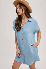 Button Up Shirt Dress with Pocket - Blue