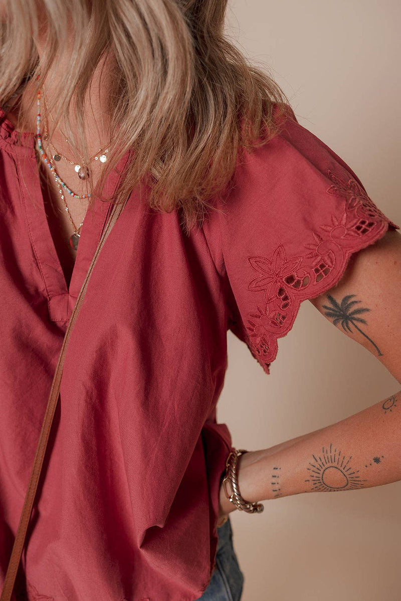 Floral Embroidered Short Sleeve Summer Blouse