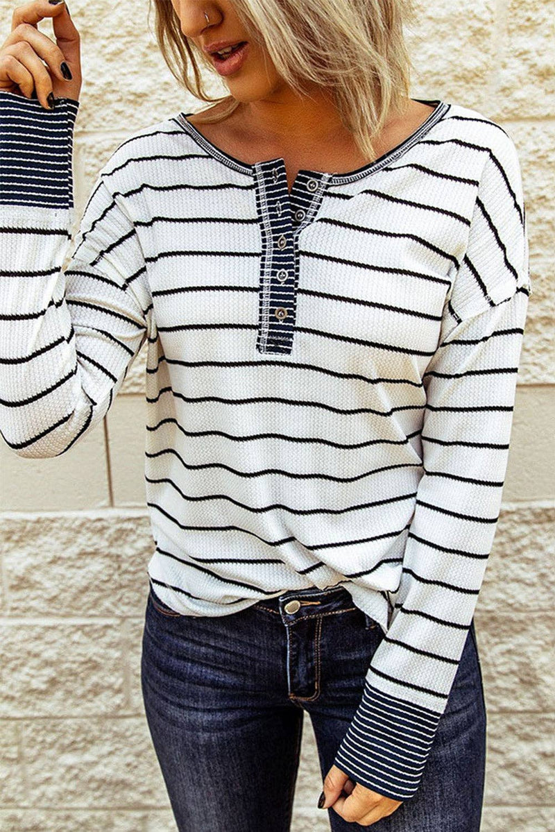 Striped Color Block Buttoned Waffle Knit Shirt