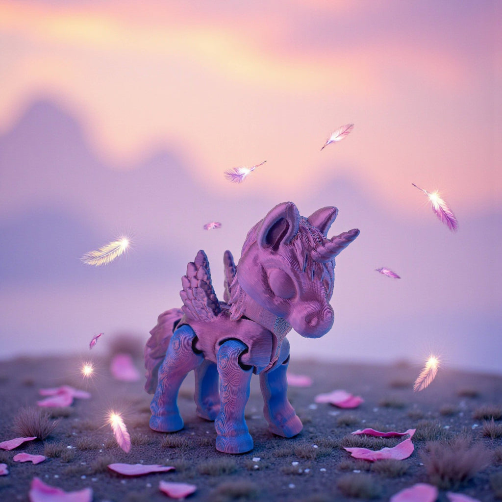 Unicorn figurine with wings in a desert landscape with a colorful sky.