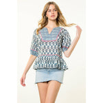 Contrast Trim Puff Sleeve Floral Top