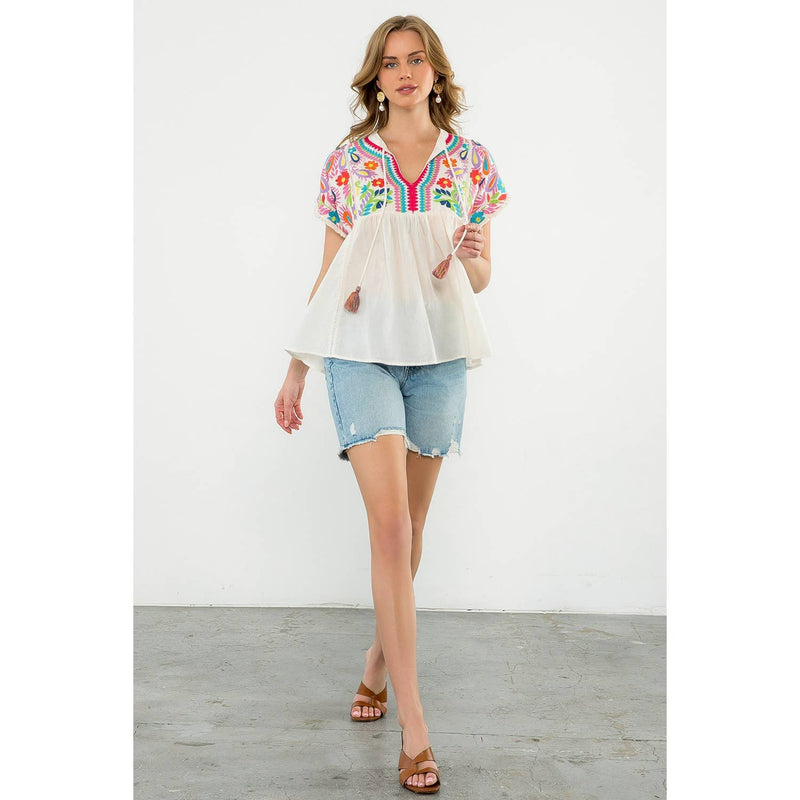 Tassel Tie Embroidered Babydoll Top