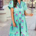Floral Print Notched Neck Butterfly Sleeve Shift Long Dress