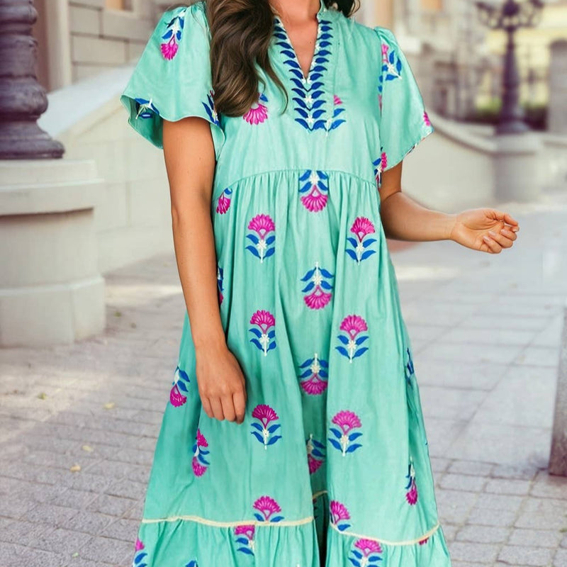 Floral Print Notched Neck Butterfly Sleeve Shift Long Dress
