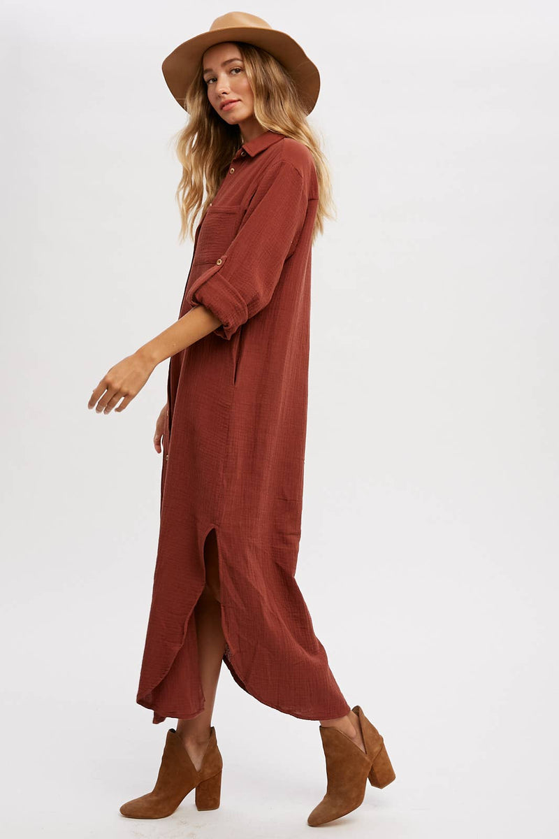 Button-up Maxi Shirt Dress w/ Pocket