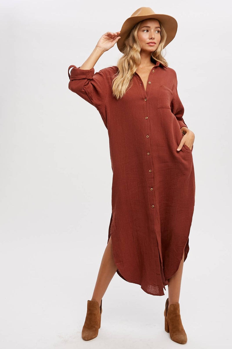 Button-up Maxi Shirt Dress w/ Pocket