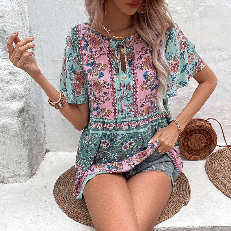 Boho Floral and Geometric Print Short Sleeve Blouse