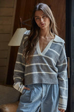 Knit Sweater Striped Collar V-Neck Long Sleeve Top