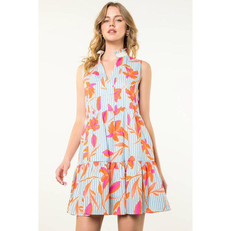 Sleeveless Flower Striped Dress