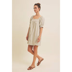 COTTON LINEN STRIPE MINI DRESS WITH SMOCKED SLEEVES