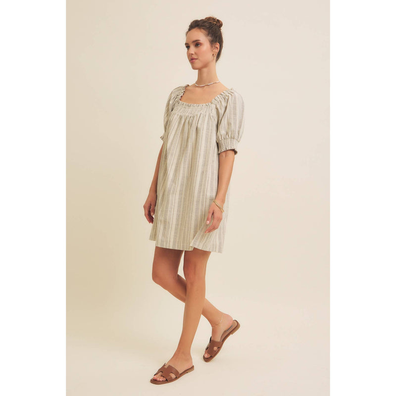 COTTON LINEN STRIPE MINI DRESS WITH SMOCKED SLEEVES