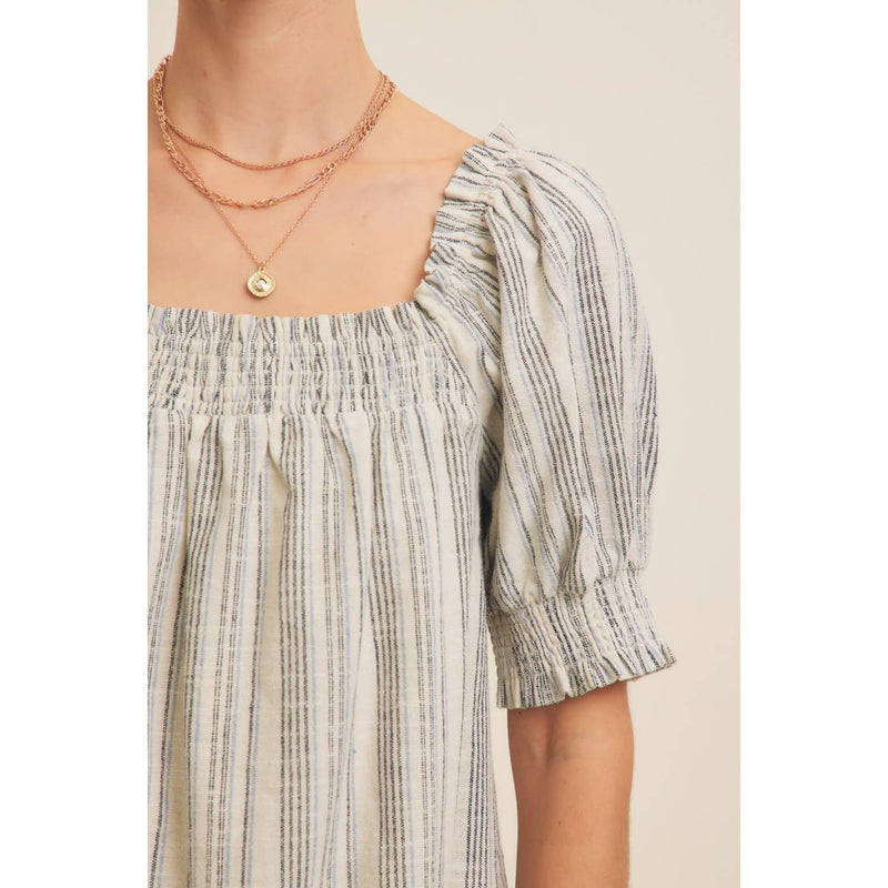 COTTON LINEN STRIPE MINI DRESS WITH SMOCKED SLEEVES