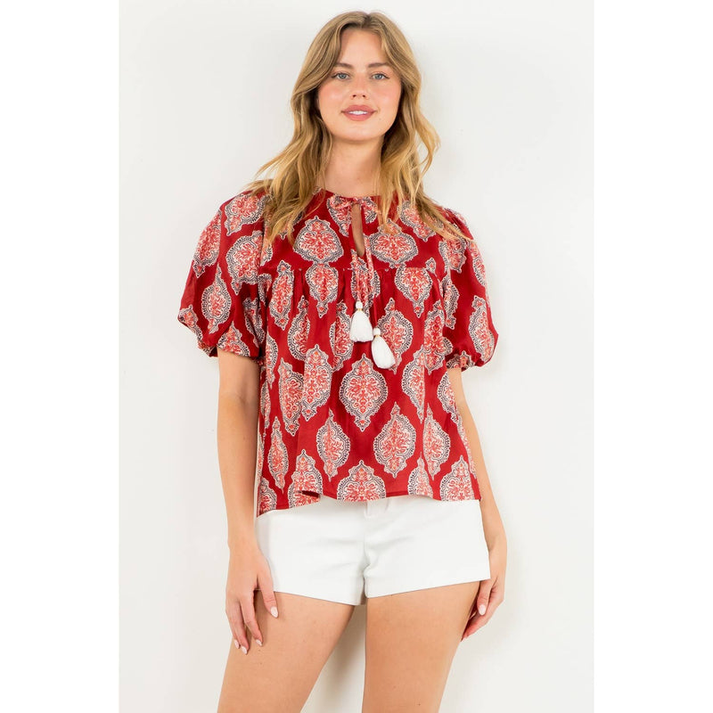 Puff Sleeve Tassel Tie Top