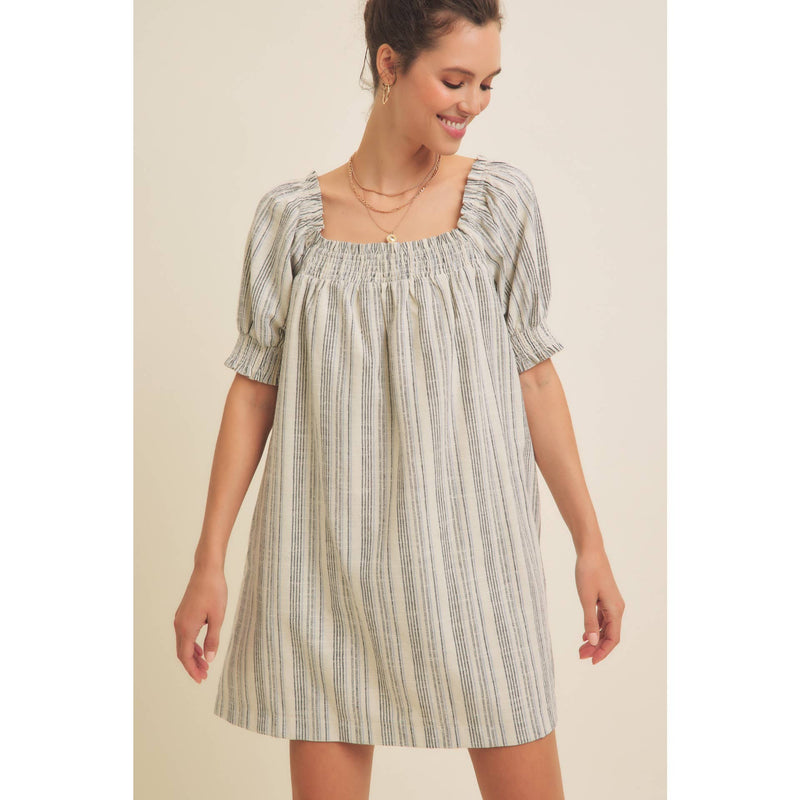 COTTON LINEN STRIPE MINI DRESS WITH SMOCKED SLEEVES