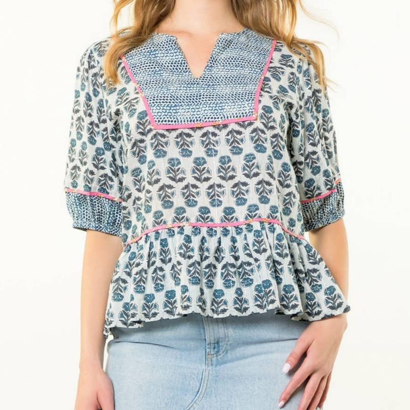 Contrast Trim Puff Sleeve Floral Top