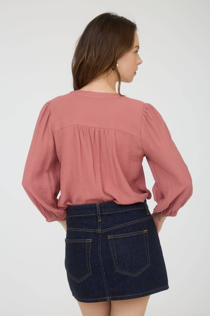 Front Tie Pleated Front 3/4 Sleeve Top