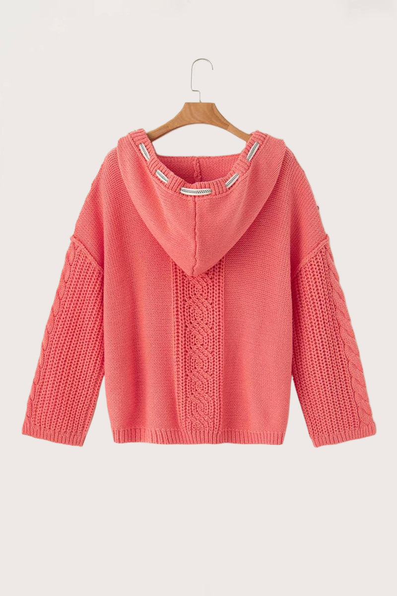 Cable Knit V Neck Hooded Pullover Sweater