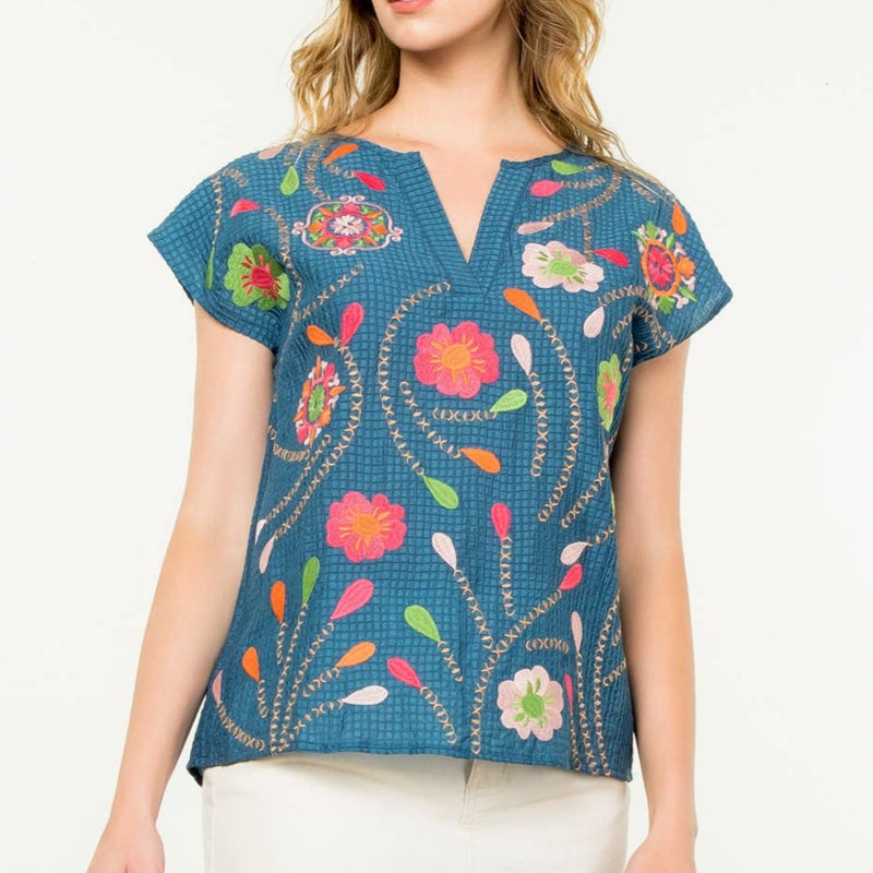 Flower Embroidered Textured Top