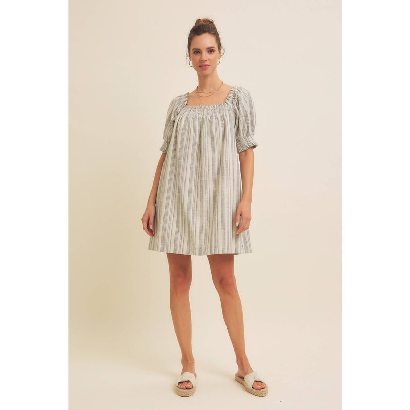 COTTON LINEN STRIPE MINI DRESS WITH SMOCKED SLEEVES