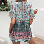 Boho Floral and Geometric Print Short Sleeve Blouse