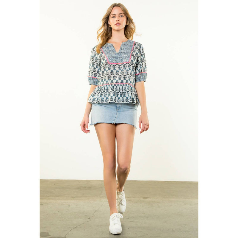 Contrast Trim Puff Sleeve Floral Top