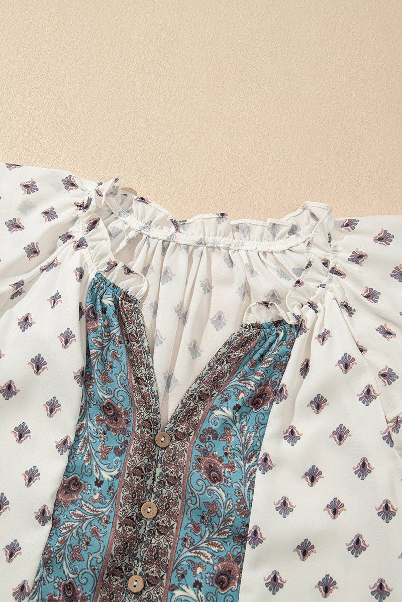 White Boho Pattern Tiered Ruffled Sleeve V Neck Buttoned Blouse